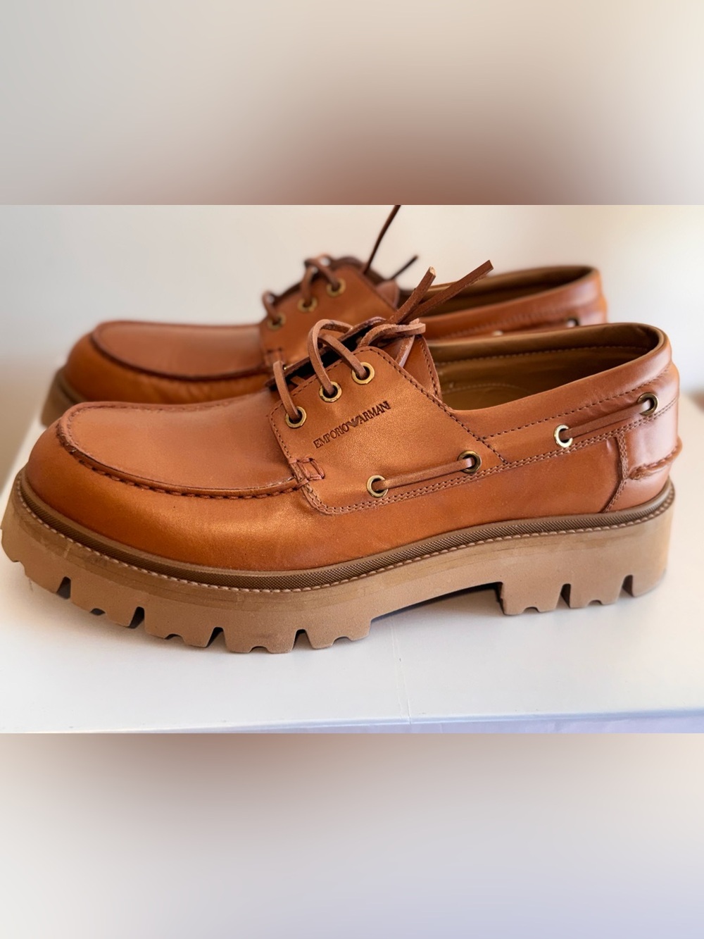 Emporio Armani Lug Sole Leather Boat Shoes Biscotto Tan Men's US 9 / UK 8 NIB
